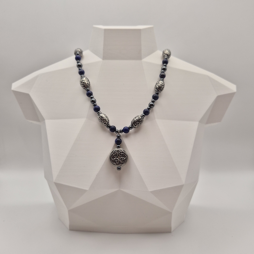 🌌 Celtic Lapis Lazuli & Hematite Statement Necklace ⚔️